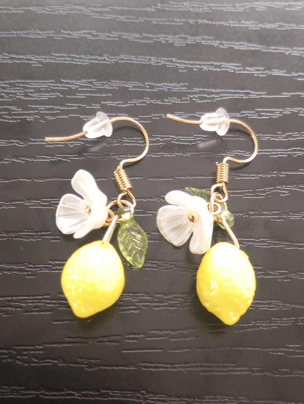 Yellow Lemon Fruit Dangle Earrings with White Flowers